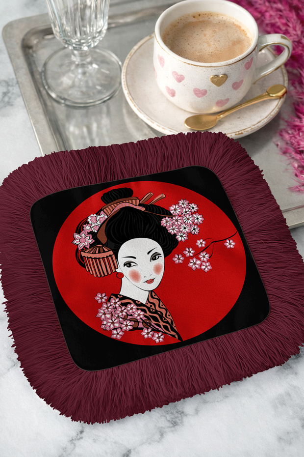 Luxurious Japanese Geisha Art Presentation Napkin with Tassels - Far Eastern Modern Burgundy Coaster Tissue