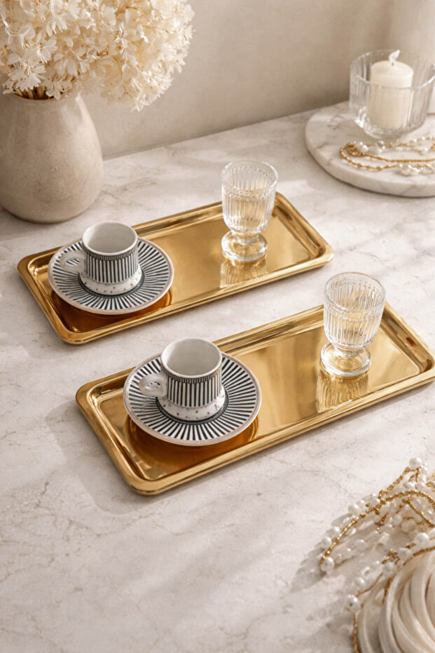 2 Pieces Stainless Steel Rectangular Gold Coffee Serving Presentation Tray