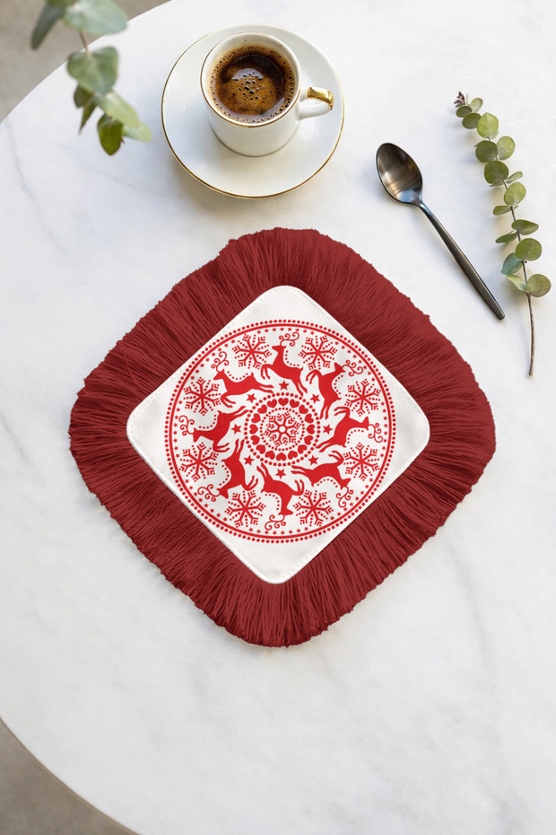 Nordic Winter Patterned Fringed Presentation Decoration Napkin - Christmas Themed Red Rustic Coffee Napkin