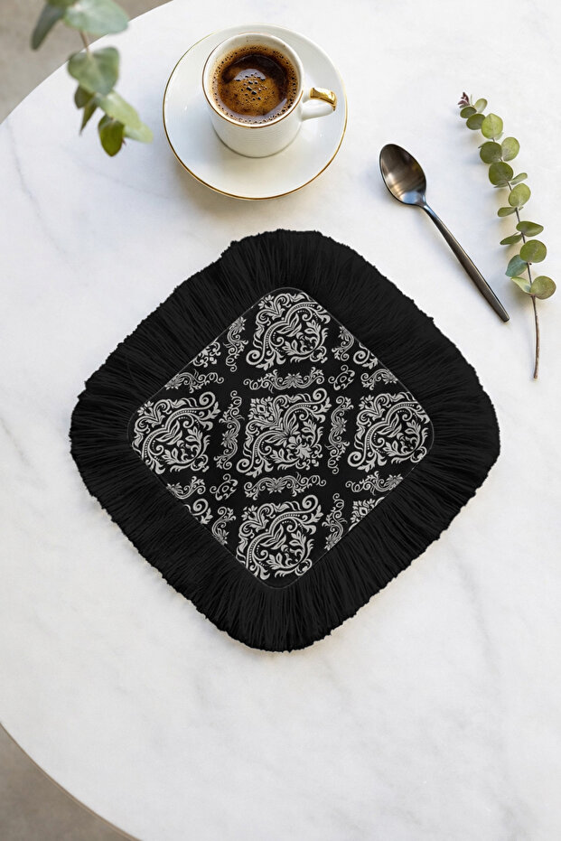 Baroque Elegance Fringed Decorative Napkin - Black and White Elegant Classic Luxury Bohemian Coaster Tissue