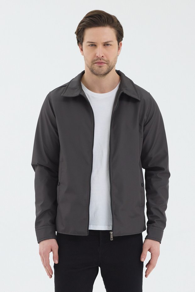 Men's Anthracite Polo Collar Basic Zippered Seasonal Jacket