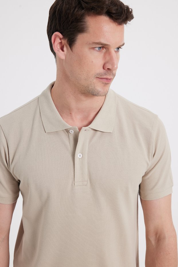 Men's Slim Fit 100% Cotton Short Sleeve Polo Collar Beige T-Shirt