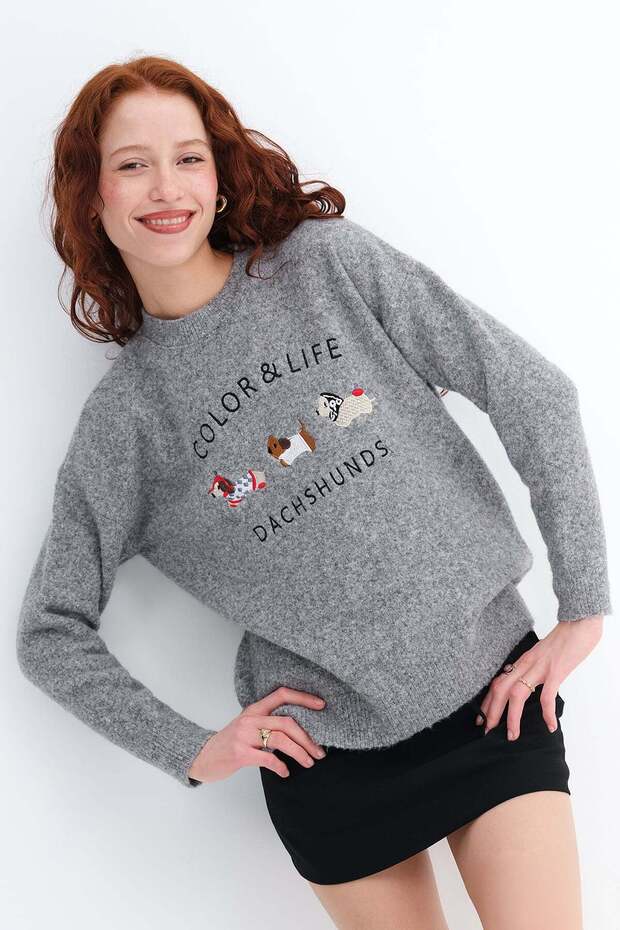 Dog Embroidered Knitwear Sweater K7809