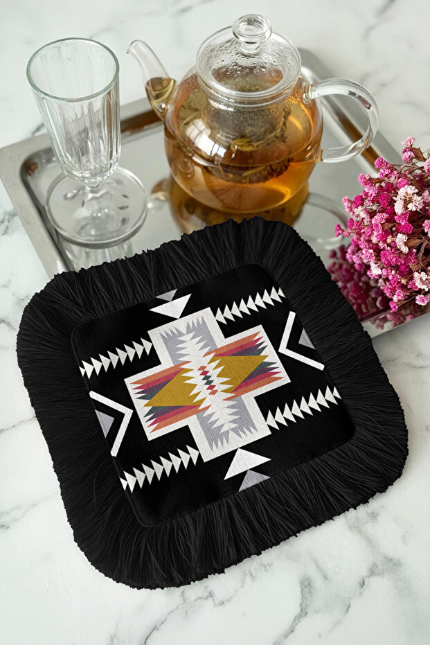 Ethnic Geometric Motif Fringed Coffee Side Serving Napkin - Aztec Modern Black Yellow Presentation Handkerchief