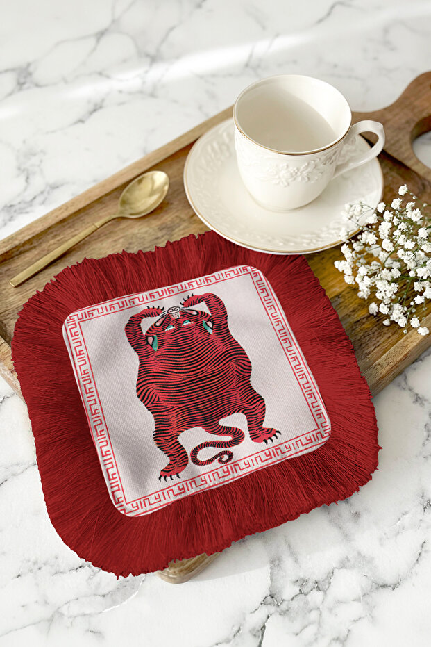 Chinese Tiger Red Fringed Coffee Side Serving Napkin - Asian-Inspired Bohemian Red Presentation Napkin