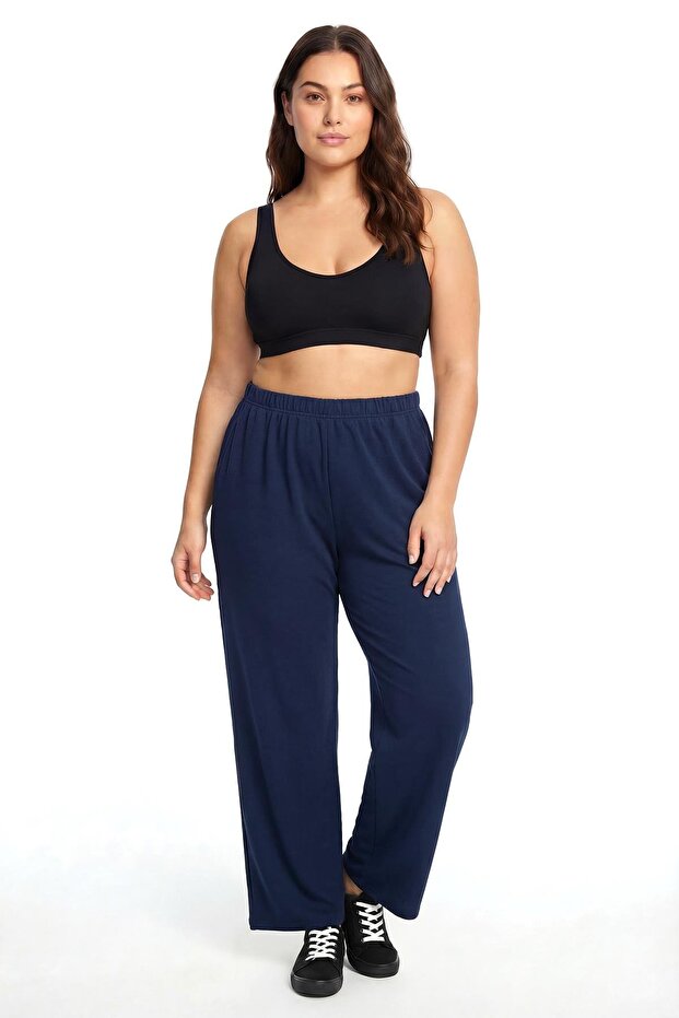 Women's Navy Blue Textured Plus Size Pajama Bottoms with Pockets