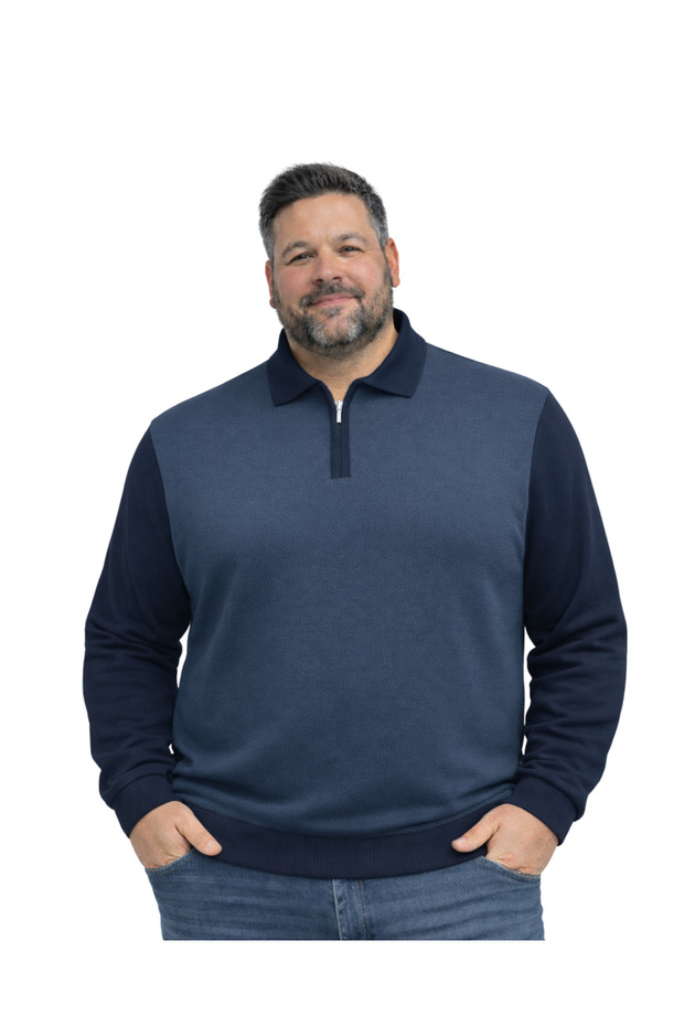 Men's Large Size Navy Blue Polo Collar Zippered Knitwear Sweater 5Xl-6Xl-7Xl-8Xl