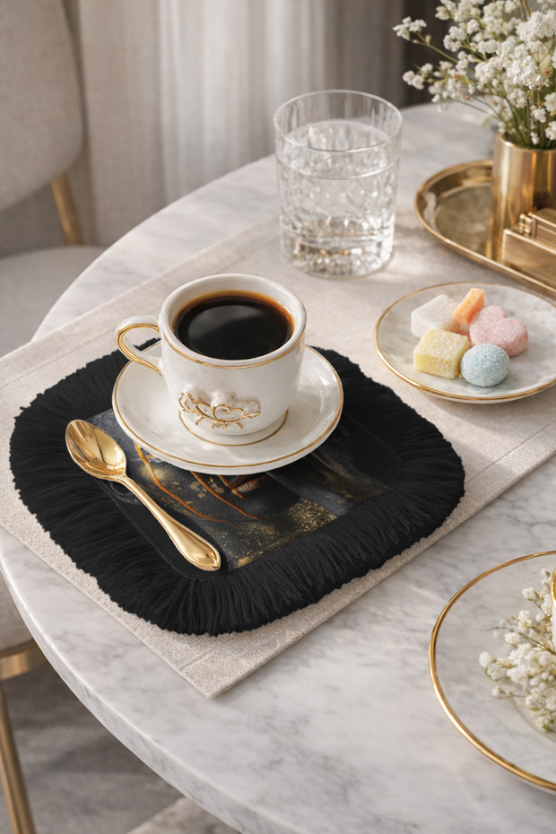 Luxury Modern Art Fringed Presentation Napkin - Artistic Portrait Bohemian Black Coaster Tissue