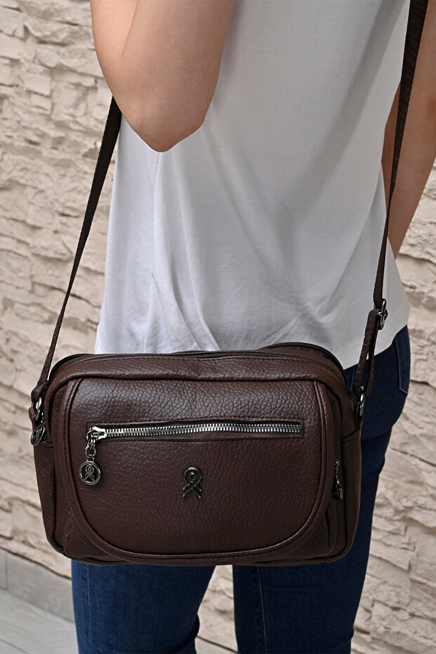 Women's 4-Compartment Snap Closure Zippered Column Strap Crossbody Shoulder Bag