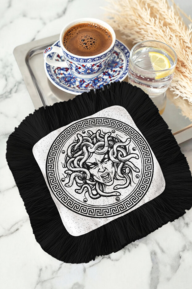 Mythological Medusa Patterned Tassel Presentation Napkin - Greek Bohemian Black and White Coaster Napkin