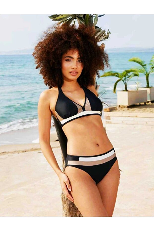Color-Blocked Halter Neck Triangle Bikini Set
