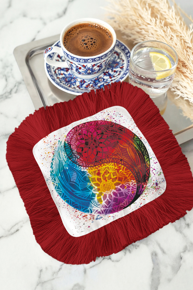 Mandala Yin Yang Fringed Presentation Napkin - Energy-Filled Bohemian Red Colored Coffee Side Presentation Napkin
