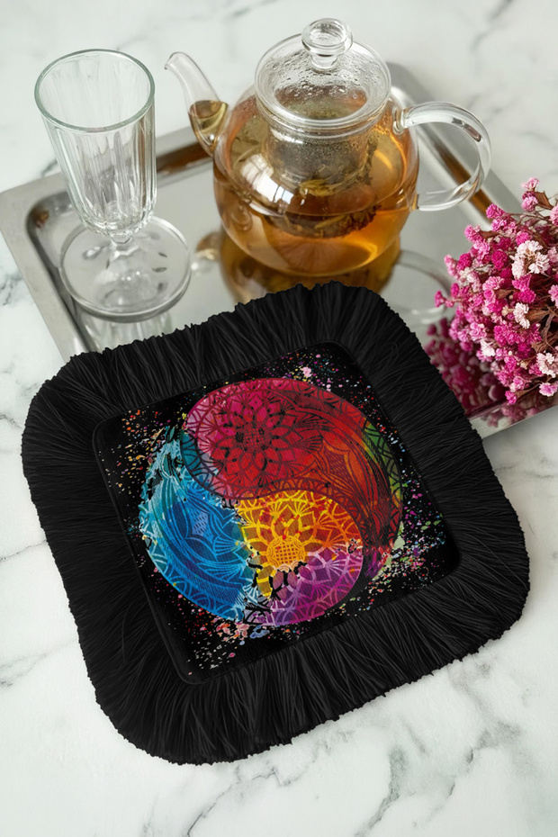 Ethnic Mandala Colorful Fringed Presentation Napkin-Artistic Bohemian Black Color Coaster Serving Napkin