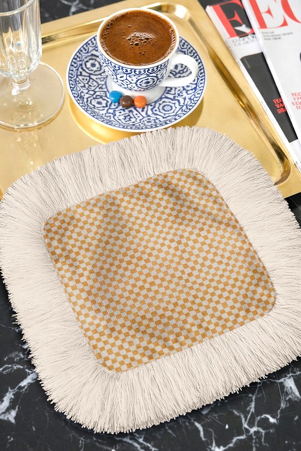 Luxury Retro Fringed Bohemian Presentation Napkin - Square Mosaic Bohemian Beige Colored Coaster Tissue