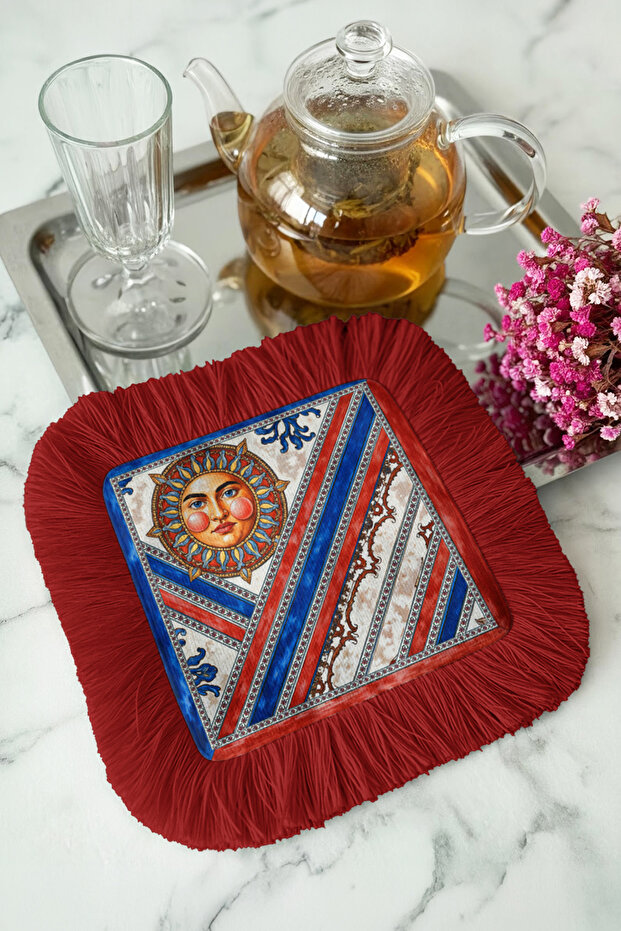 Luxurious Fringed Presentation Napkin with Sun Motif - Ethnic Style Red and Blue Patterned Coffee Presentation Napkin