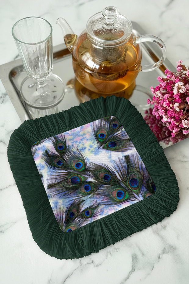 Eye-Catching Peacock Feather Fringed Presentation Napkin - Elegant Bohemian Green Primary Color Coaster Tissue