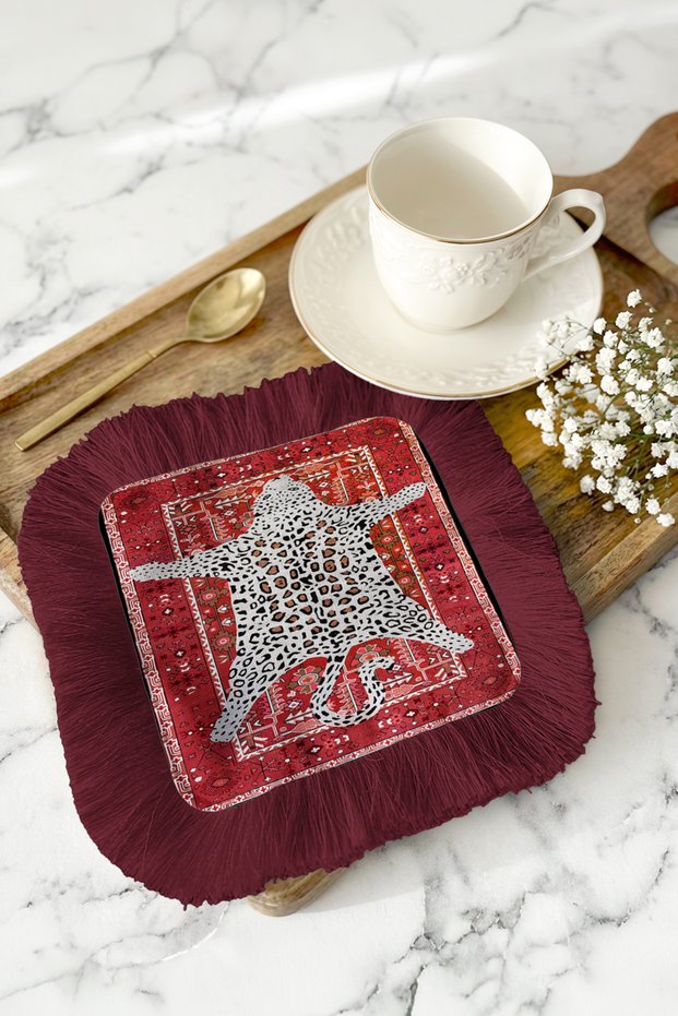 Luxurious Leopard Motif Fringed Presentation Napkin - Ethnic Elegant Red Gold Colored Coaster Tissue