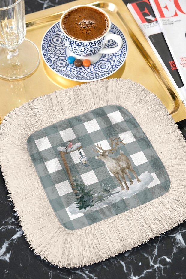 Nordic Deer Fringed Presentation Placemat Napkin - Winter Garden Rustic Gray Ecru Presentation Napkin