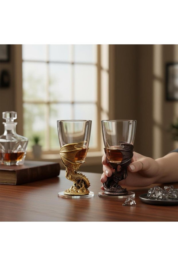 Luxury Cast Iron Dragon Design Set of 2 Zodiac Shot Glasses Collection Liquor Glass 50 ml