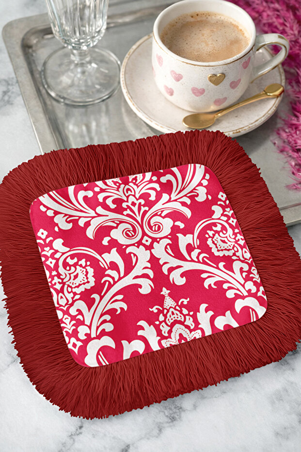 Baroque Motif Fringed Coffee Side Serving Napkin - Elegant Classic Elegant Red and White Presentation Napkin