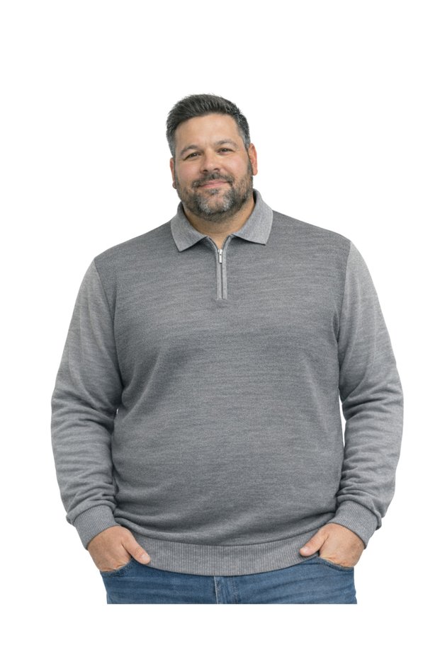 Men's Large Size Gray Polo Collar Zippered Knitwear Sweater 5Xl-6Xl-7Xl-8Xl