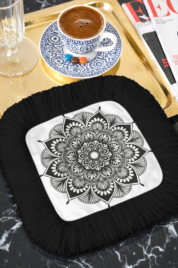 Mandala Elegance Fringed Decorative Fabric Napkin - Black and White Bohemian Ethnic Coaster Tissue