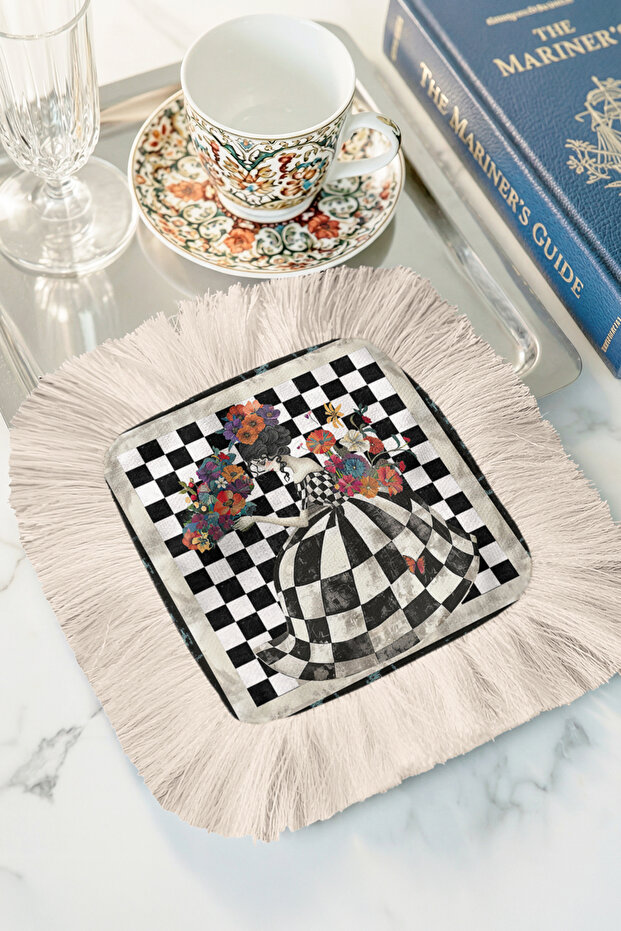 Palace Elegance Fringed Service Cocktail Napkin - Floral Checkered Bohemian Black Cream Coaster Tissue
