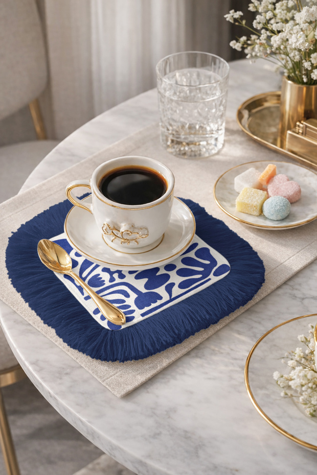 Modern Mediterranean-Inspired Fringed Presentation Napkin-Leaf Motifs Bohemian Navy Blue Coaster Tissue