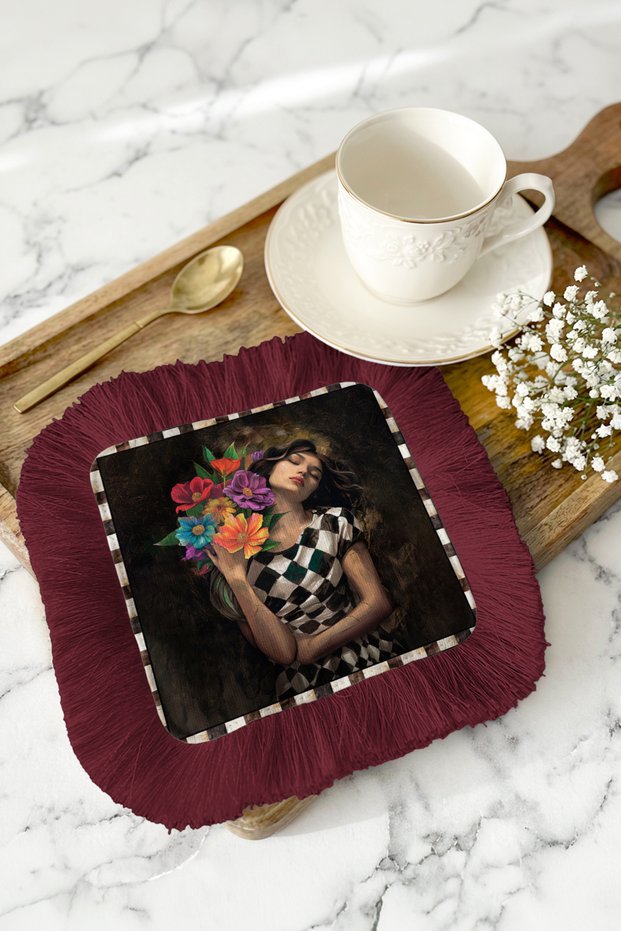 Artistic Dreamy Fringed Coffee Serving Napkin - Vintage Bohemian Burgundy Floral Coaster Napkin