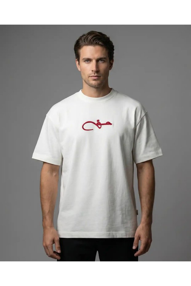 Unisex Red Hak Embroidered Ethnic Carpet Motif 100% Cotton Oversize White T-Shirt