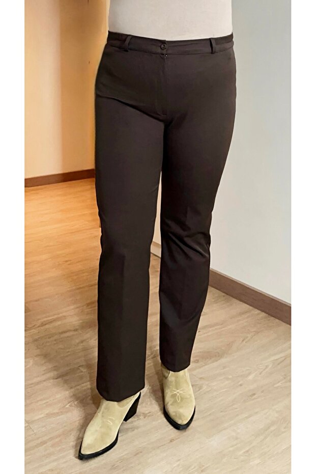 Elastic Waist Plus Size Gabardine Wide Leg Trousers Brown