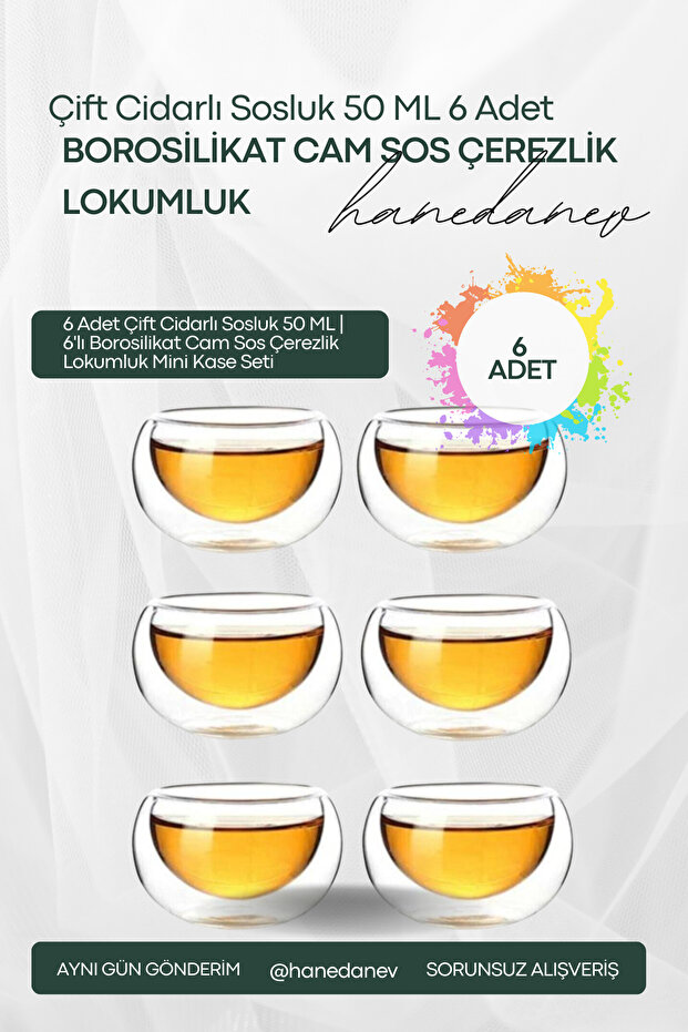 6 Double-Walled Sauce Bowls 50 ml | 6-Piece Borosilicate Glass Sauce Snack Bowl Set with Turkish Delight Bowls