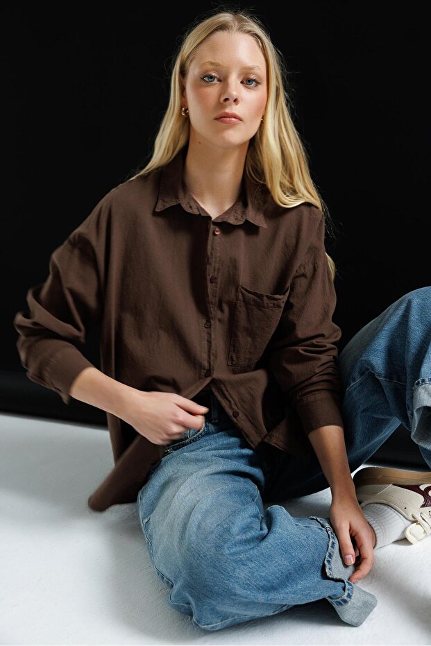 4820 Kadın Parça Boya Basic Gömlek Kahve - 3