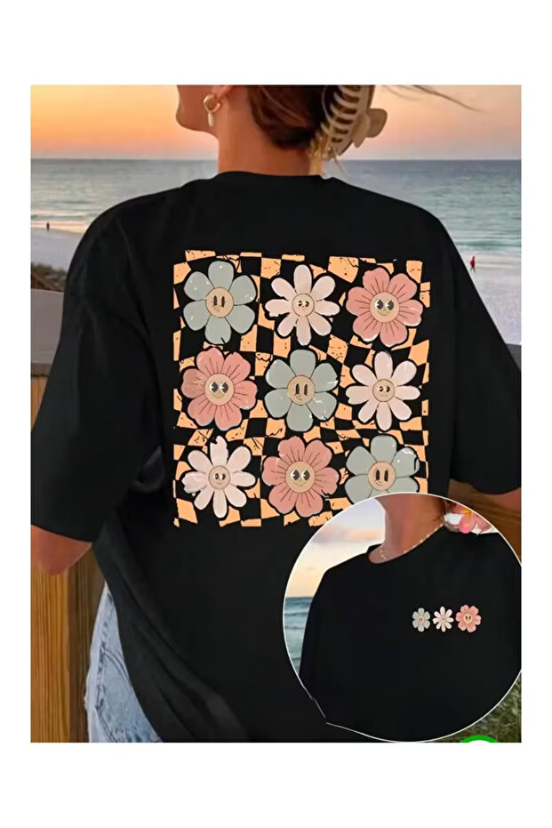 Ön & Arka Çoklu Çiçek Baskılı Basic Tişört - 3