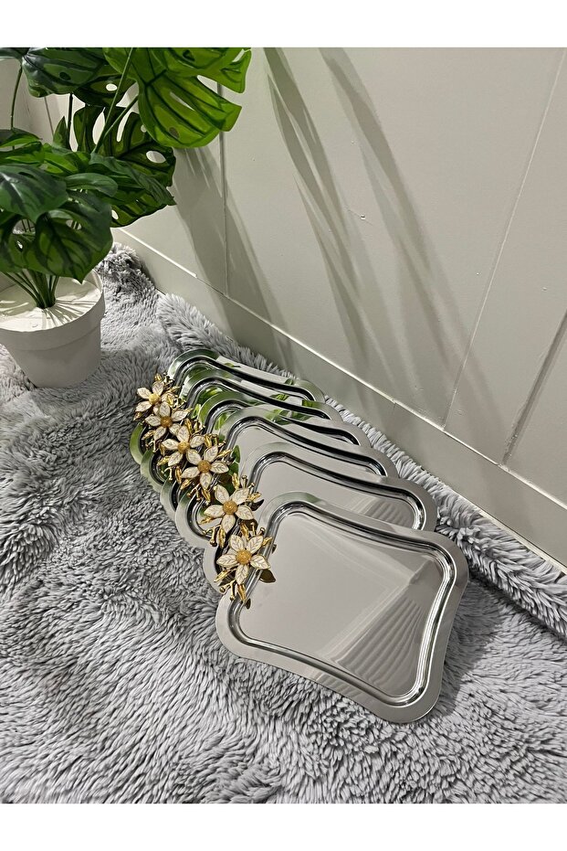6-Piece Italian Zamak Silver Tray with Daisy Accessories