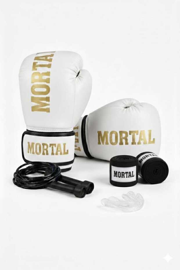 Boxing Gloves Red White Gold + Boxing Bandage + Mouthguard + Jump Rope - Set of 4