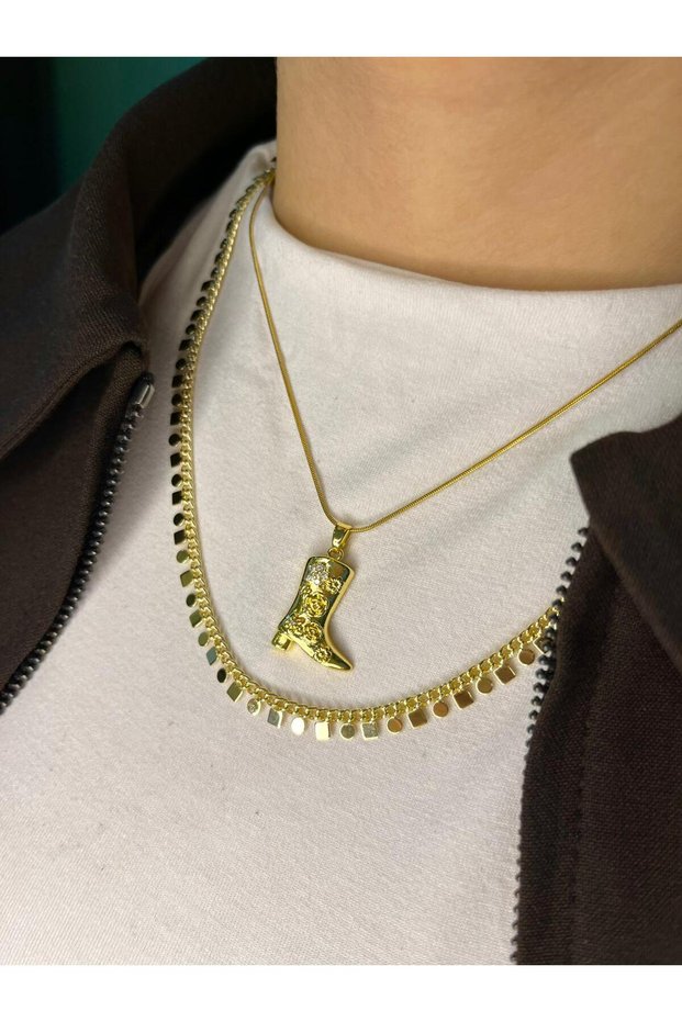 Set of 2 Vintage Look Necklaces | Embroidered Cowboy Boot Pendant & Sequin Chain Necklace