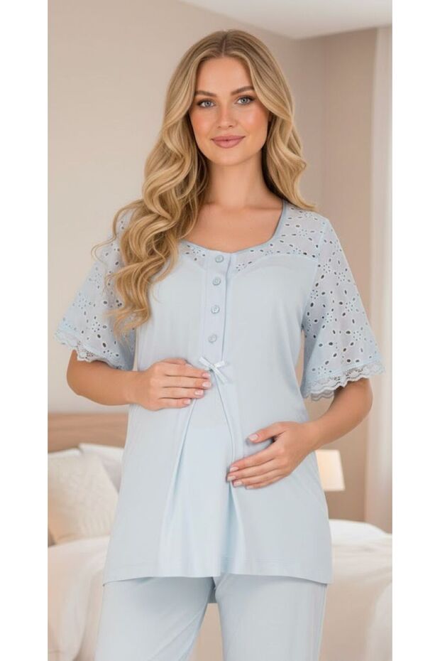 New Season Blue Short Sleeve Scallop Linen Detailed Special Design Summer Maternity Pajama Set