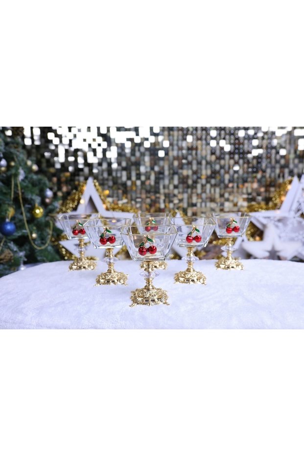 6-Piece Cherry Detailed Gold Metal Standing Cup Magnolia Ice Cream Bowl Dessert Presentation Bowl New Year's Special
