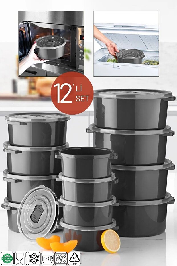 Set of 12 Storage Containers That Can Be Used in Microwave and Freezer, Round Anthracite
