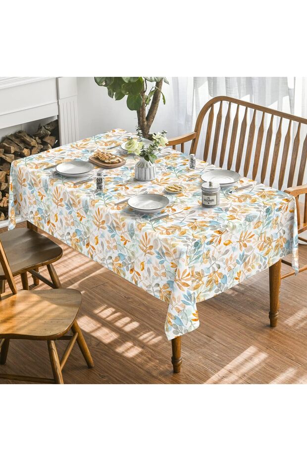 Rectangular Tablecloth - Polyester, Leaf Pattern - 130 x 220 cm, Blue/Orange - 2