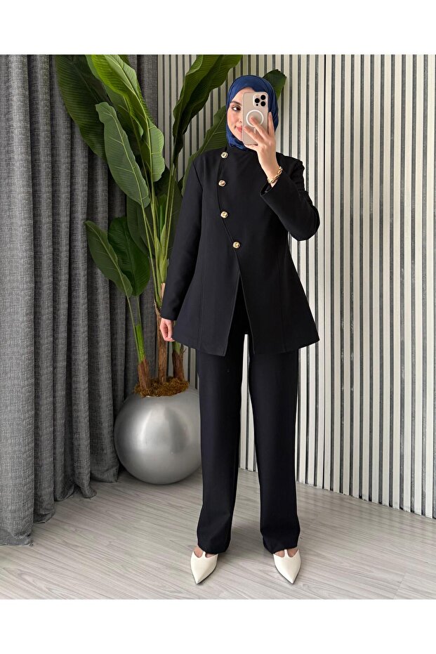 Women's Gold Asymmetrical Buttoned Jacket with Belt Stylish Set