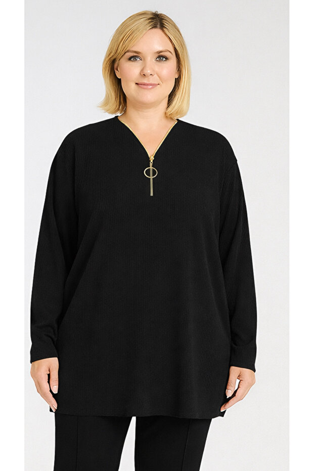 Plus Size Women's Black Knitwear Textured Zipper Blouse