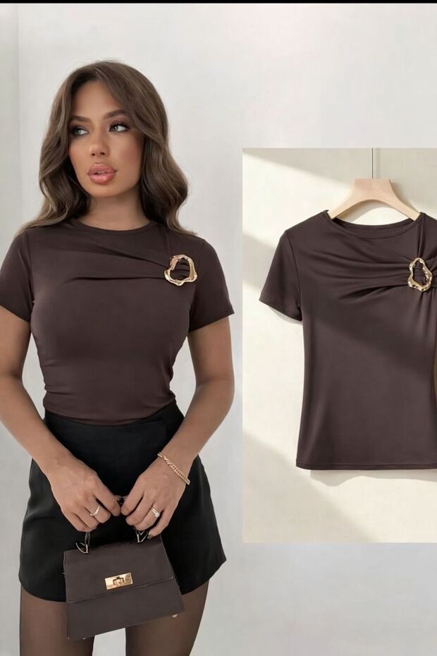 NEW SEASON Women's Buckled Bust-Detail Sandy Short Sleeve Blouse 0074