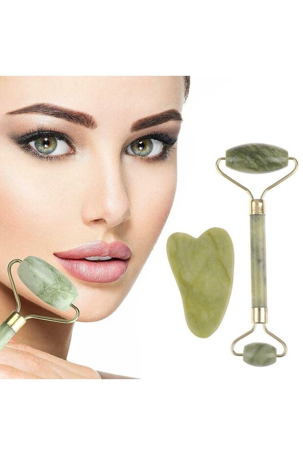 Çetiner Group ® Double-Sided 2-Piece Skin Facial Massager Jade Roller Jade Stone Set