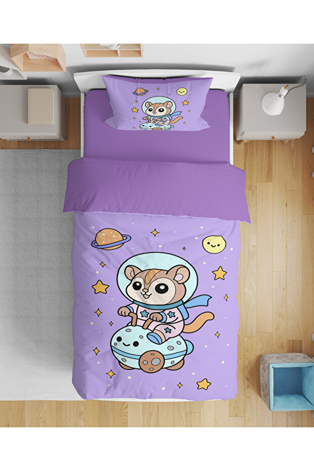 Traveling Teddy Bear Patterned 3D Digital Printed Single Girl's Duvet Cover Set Sleeping Set
