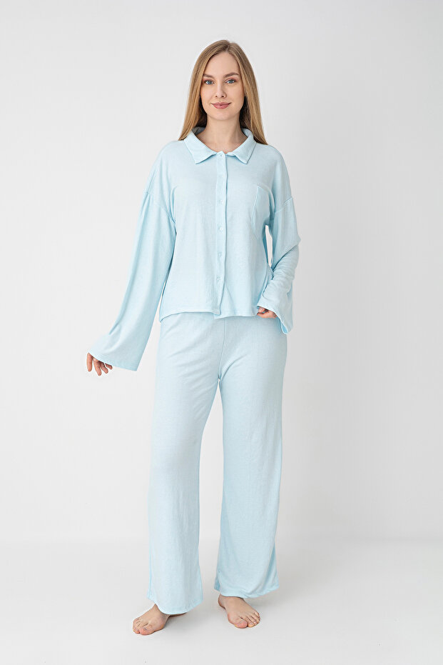 Luna Rib Knit Blue Long Sleeve Shirt Collar Women's Pajama Set