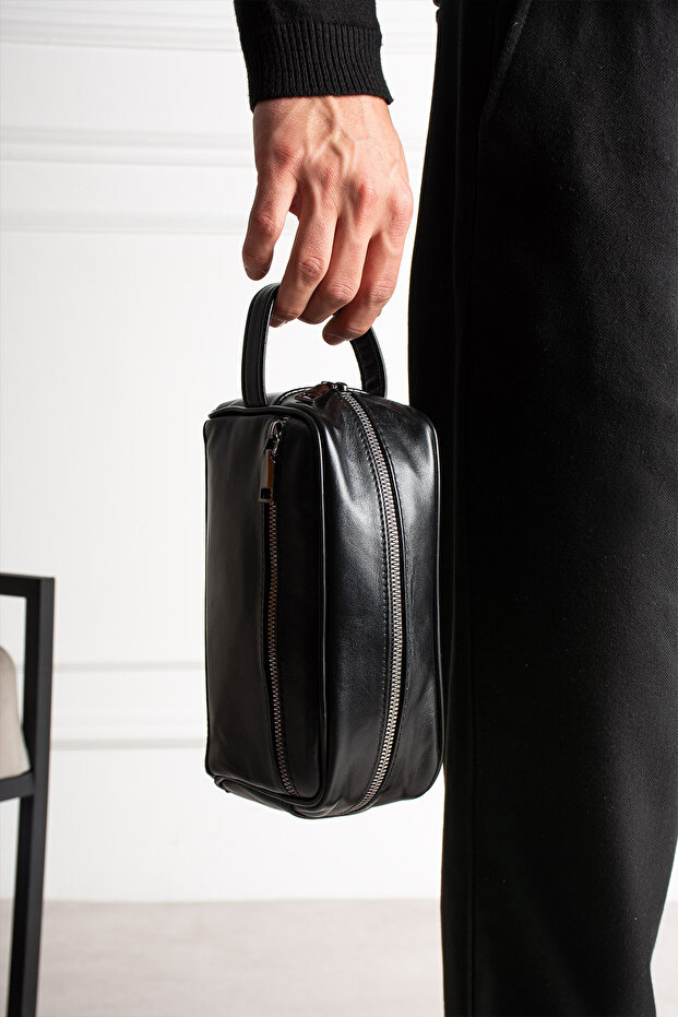 Black Genuine Leather Men's Shaving Hand Portfolio&Clutch Care Bag