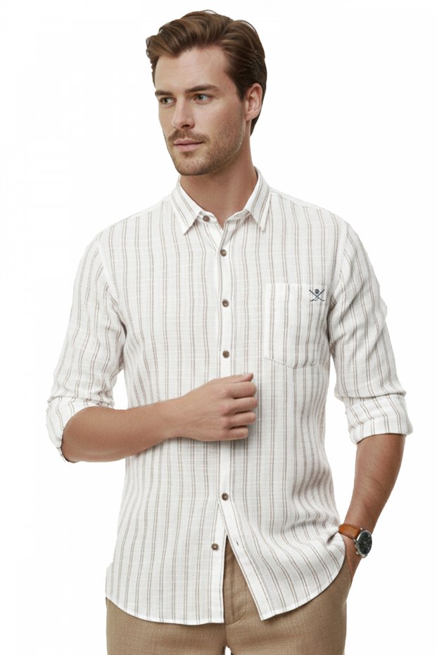 Coffee Comfortable Fit Striped Men's Shirt – Pocketed, Wooden Buttoned, Natural Textured, New Season 2602623