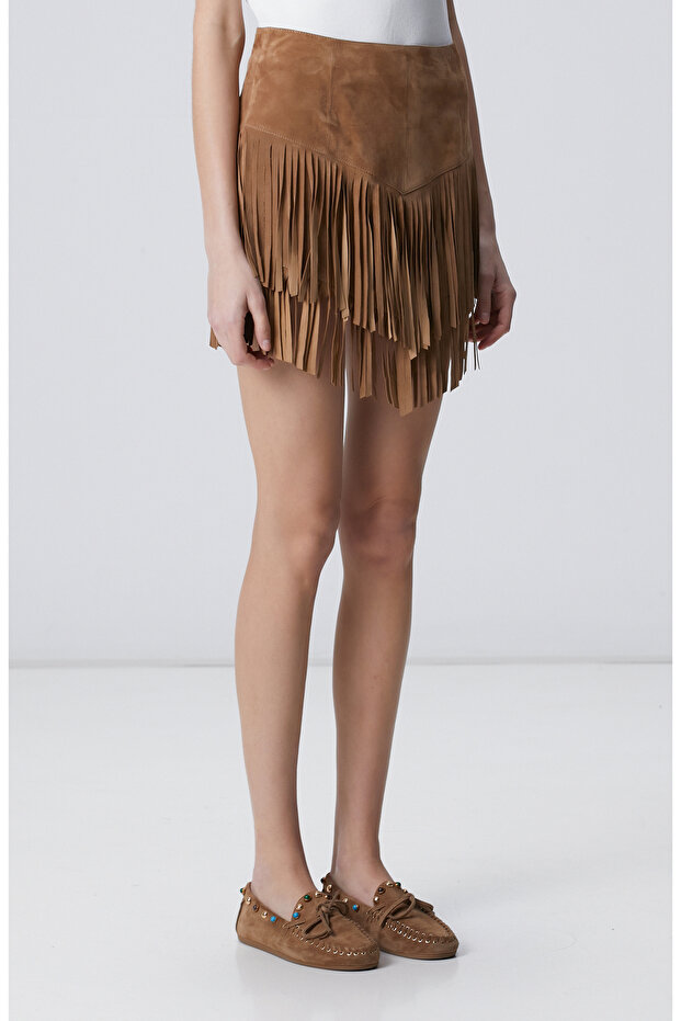 Camel Püsküllü Süet Deri Etek - 6